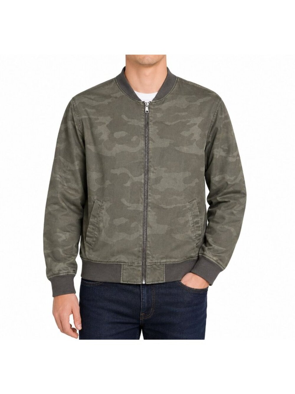 Old Navy Mens XL Green Camouflage Bomber Jacket With Ribbed Hem & Cuffs GUC